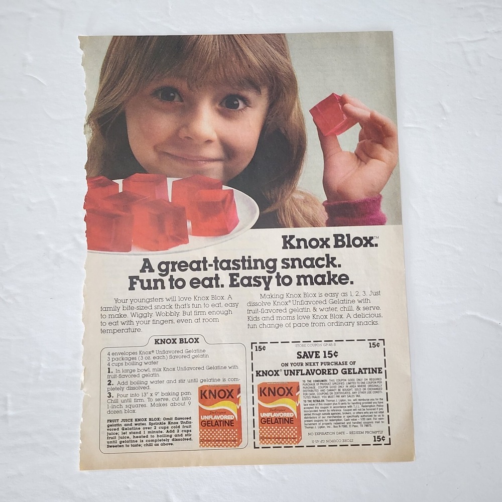 Vintage Print Ad Knox Blox gelatine little girl model clipping 1985